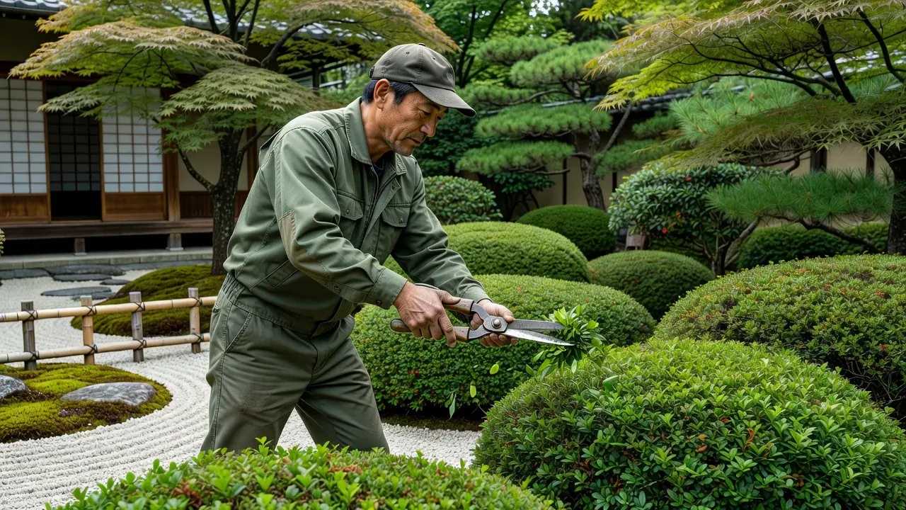 生垣の剪定作業の様子